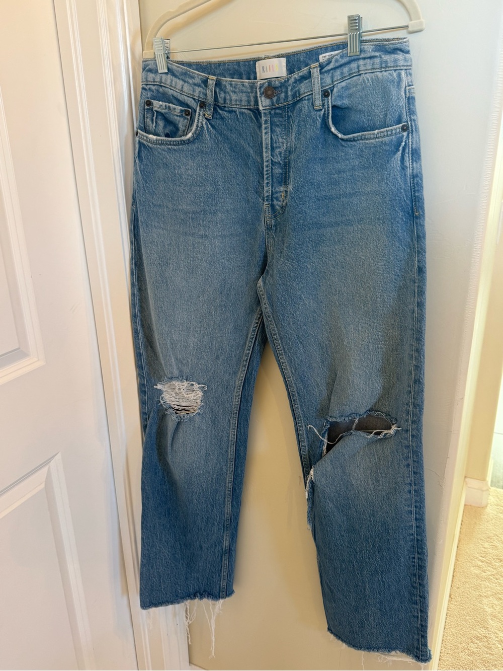 RAILS Topanga High Rise Straight Jeans 30 Distressed Blue Raw Hem Button Fly